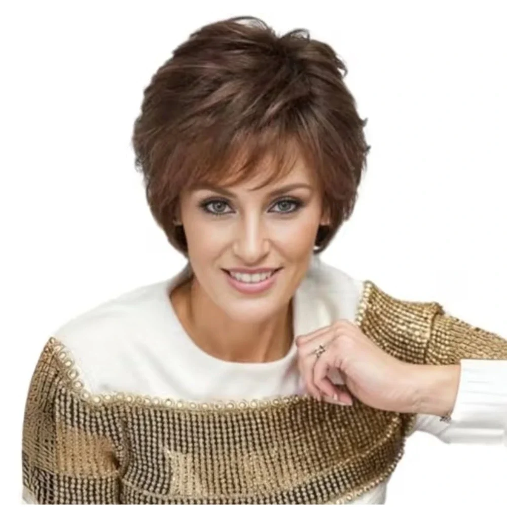 Brown Pixie Cut Wig Wavy Human Synthetic Blend Heat Friendly NEW